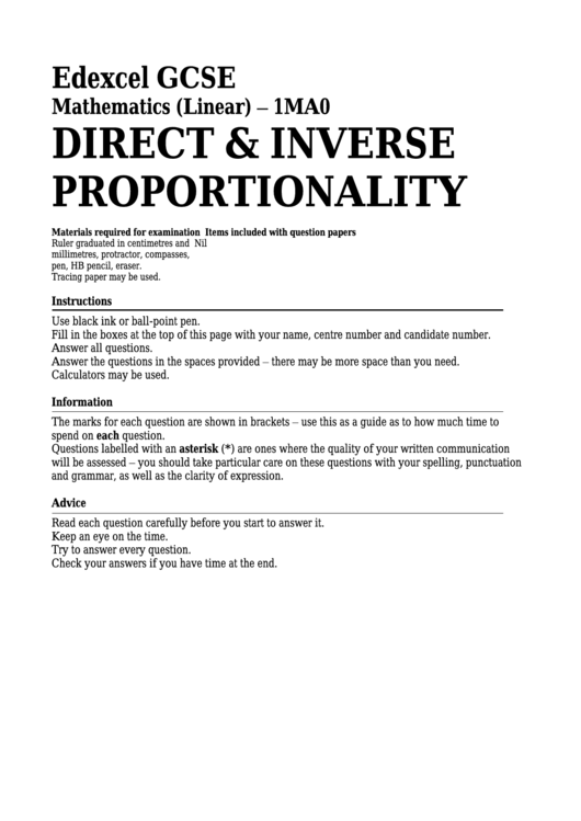 Edexcel Gcse Mathematics (Linear) - Direct & Inverse Proportionality Printable pdf
