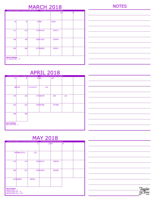 March 2018 - May 2018 Calendar With Notes Template