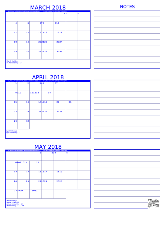 March 2018 - May 2018 Calendar With Notes Template Printable pdf