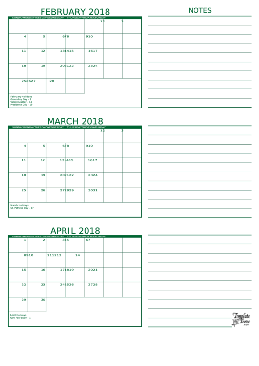 February 2018 - April 2018 Calendar With Notes Template