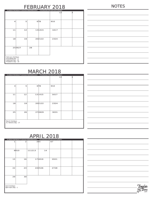 Febuary 2018 - April 2018 Calendar With Notes Template Printable pdf