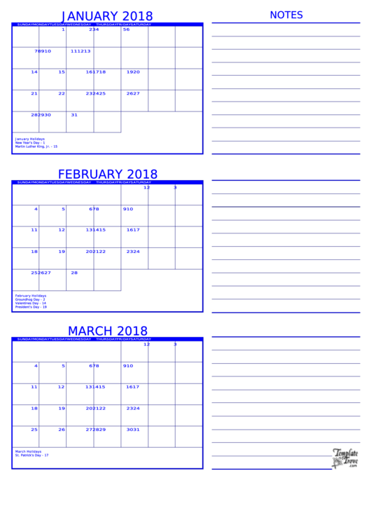 January 2018 - March 2018 Calendar With Notes Template Printable pdf