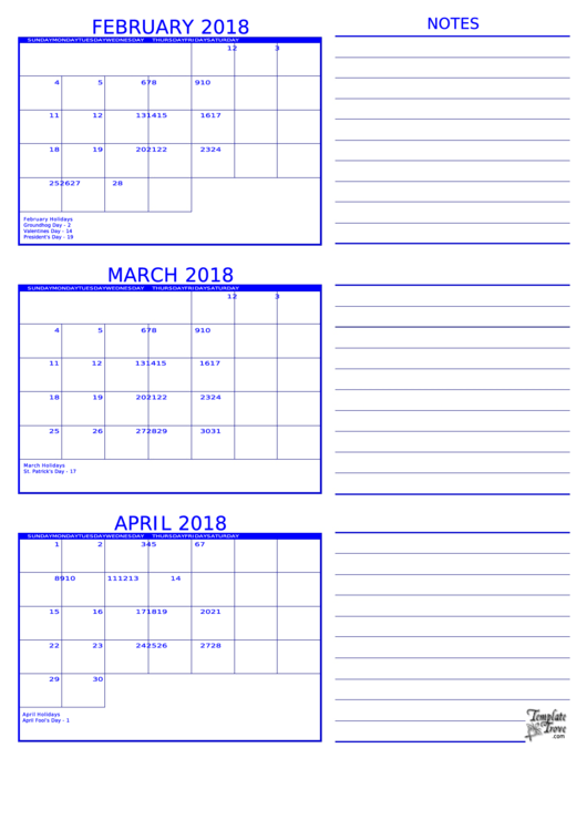 February 2018 - April 2018 Calendar With Notes Template Printable pdf