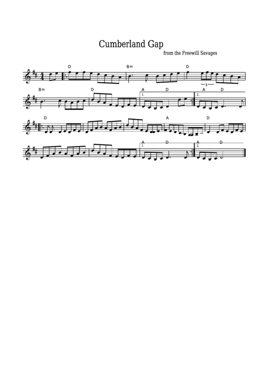 Cumberland Gap Sheet Music - From The Freewill Savages Printable pdf