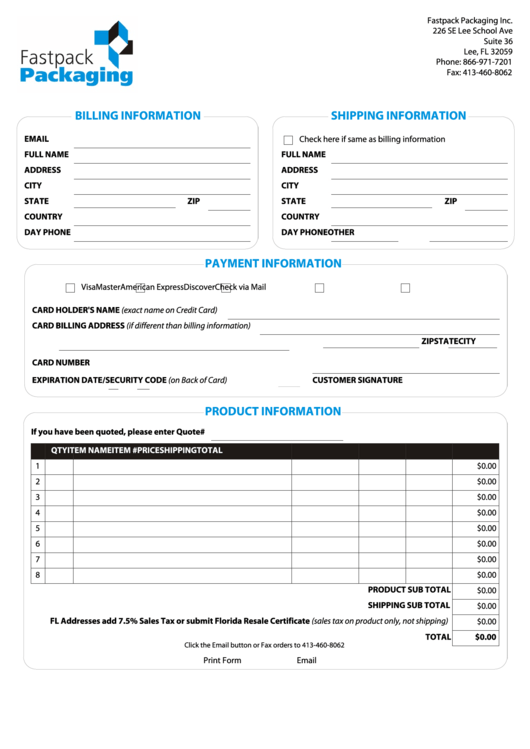 Fillable Product Order Form Printable pdf