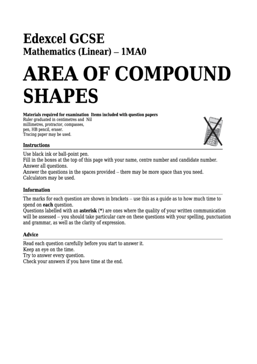 Edexcel Gcse Mathematics (Linear) - Area Of Compound Shapes Printable pdf
