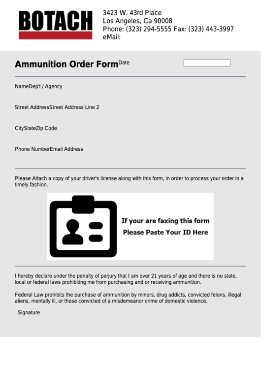 Fillable Ammunition Order Form Printable pdf
