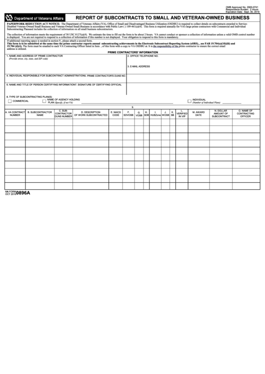 Fillable Va Form 0896a - Report Of Subcontracts To Small And Veteran-Owned Business Printable pdf