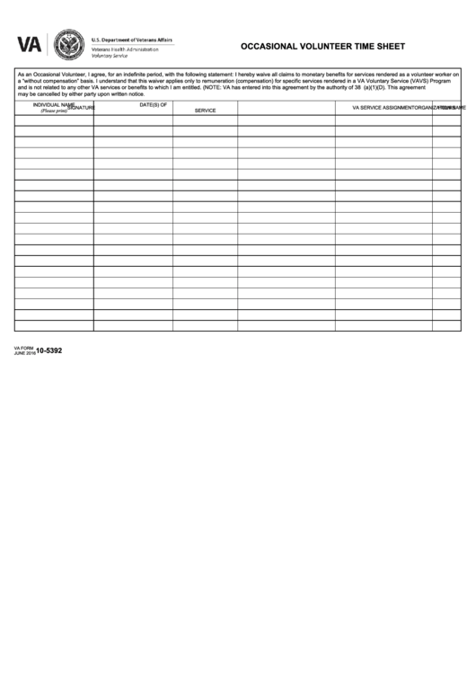 Fillable Va Form 10-5392 - Occasional Volunteer Time Sheet Printable pdf