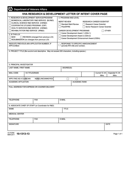 Fillable Va Form 10-1313-13 - Vha Research And Development Letter Of Intent Cover Page Printable pdf