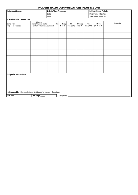 Fillable Ics Form 205 - Incident Radio Communications Plan Printable pdf