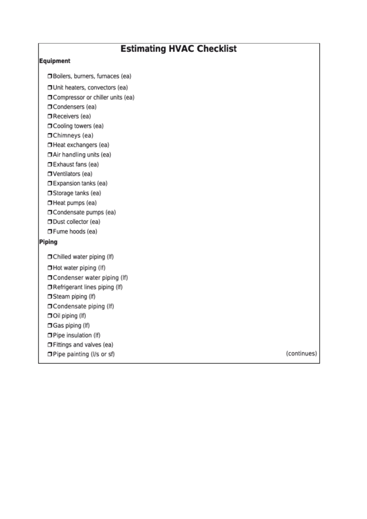 Estimating Hvac Home Building Checklist Template Printable pdf