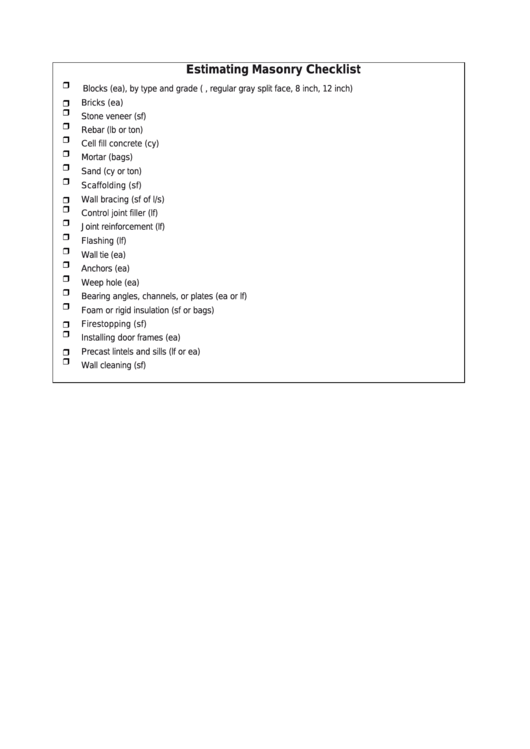 Estimating Masonry Home Building Checklist Template Printable pdf