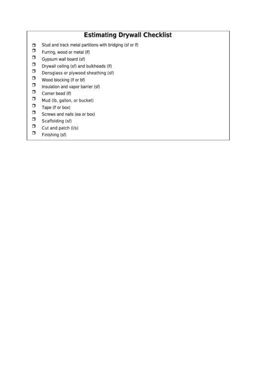 Estimating Drywall Home Building Checklist Template Printable pdf