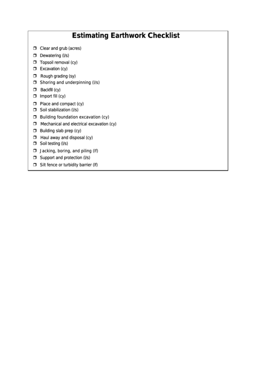 Estimating Earthwork Home Building Checklist Template Printable pdf