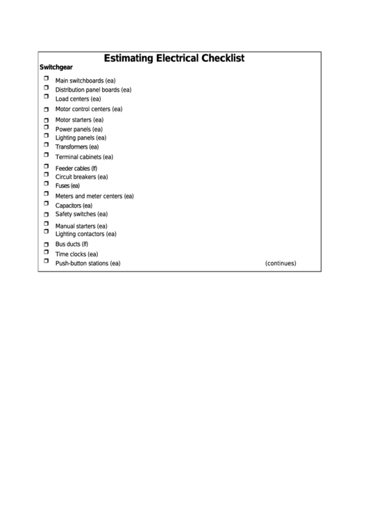 Estimating Electrical Home Building Checklist Template printable pdf