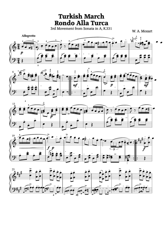 W. A. Mozart - Turkish March Rondo Alla Turca Sheet Music Printable pdf