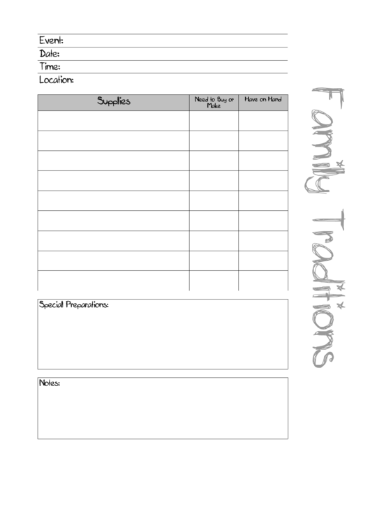 Family Traditions - Event Notebook Paper Printable pdf