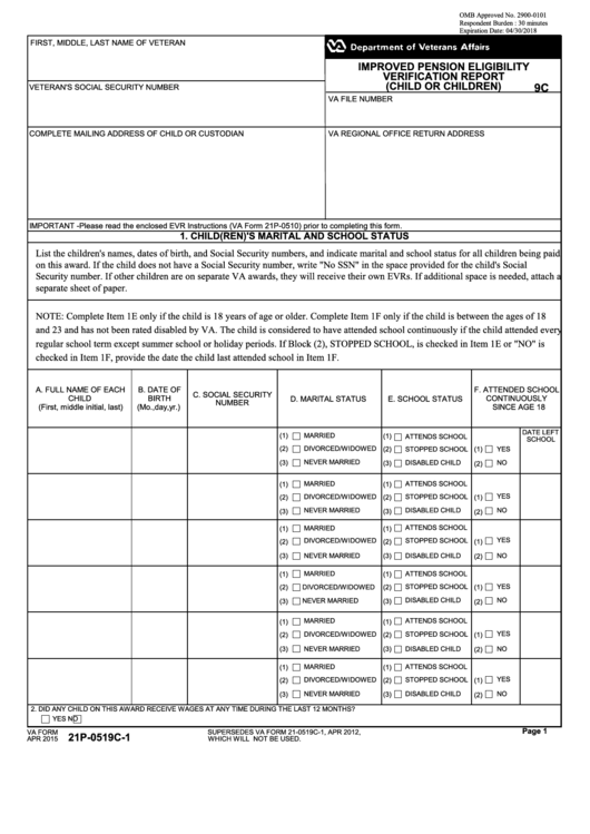 Fillable Va Form 21p-0519c-1 - Improved Pension Eligibility Verification Report (Child Or Children) Printable pdf