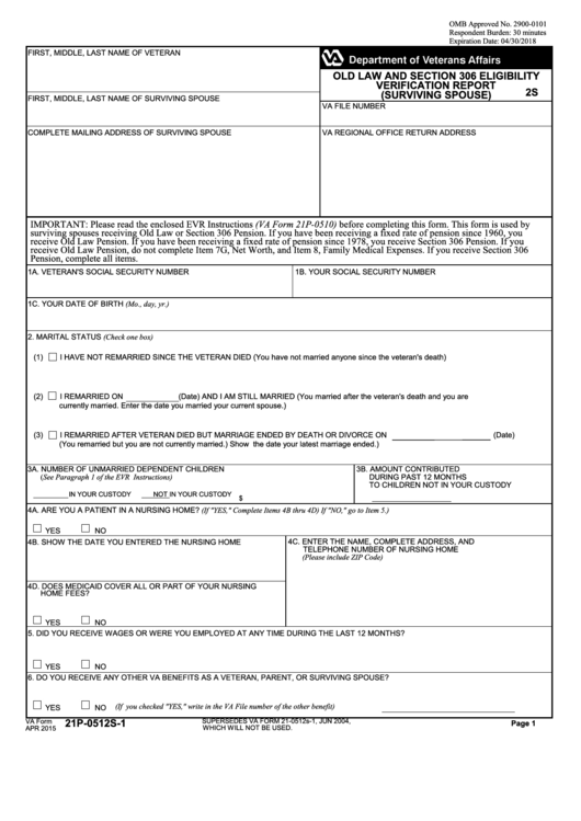 Fillable Va Form 21p-0512s-1 - Old Law And Section 306 Eligibility Verification Report (Surviving Spouse) Printable pdf