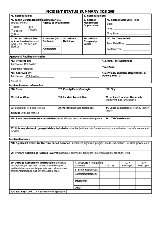 Fillable Ics Form 209 - Incident Status Summary Printable pdf