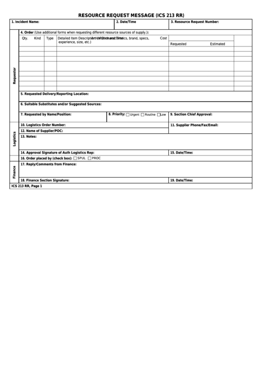 Fillable Ics Form 213 Rr - Resource Request Message Printable pdf