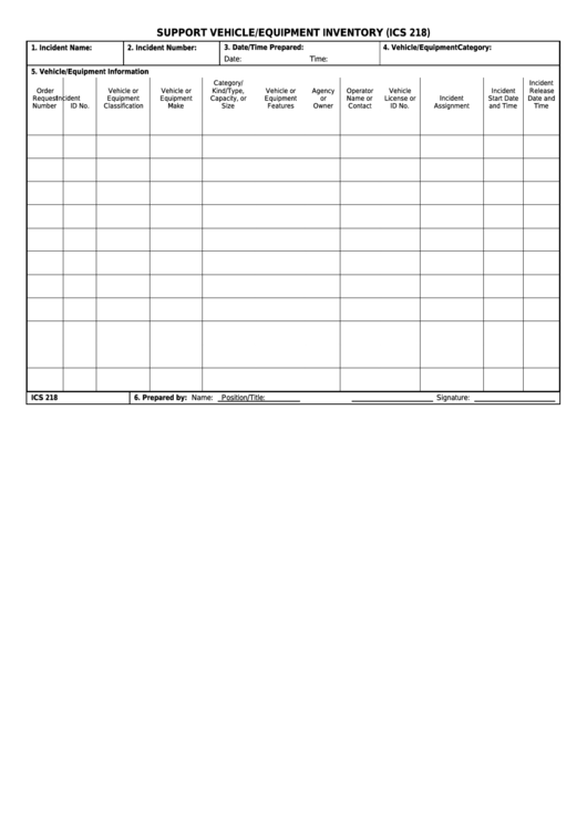 Fillable Ics Form 218 - Support Vehicle-Equipment Inventory Printable pdf