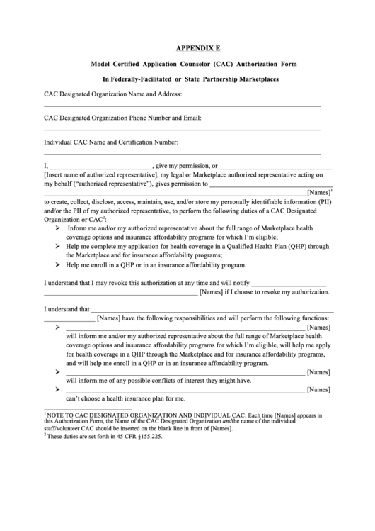 Appendix E - Model Certified Application Counselor (Cac) Authorization Form Printable pdf