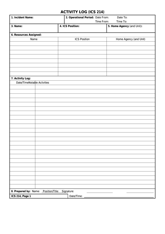 Fillable Ics Form 214 - Activity Log Printable pdf