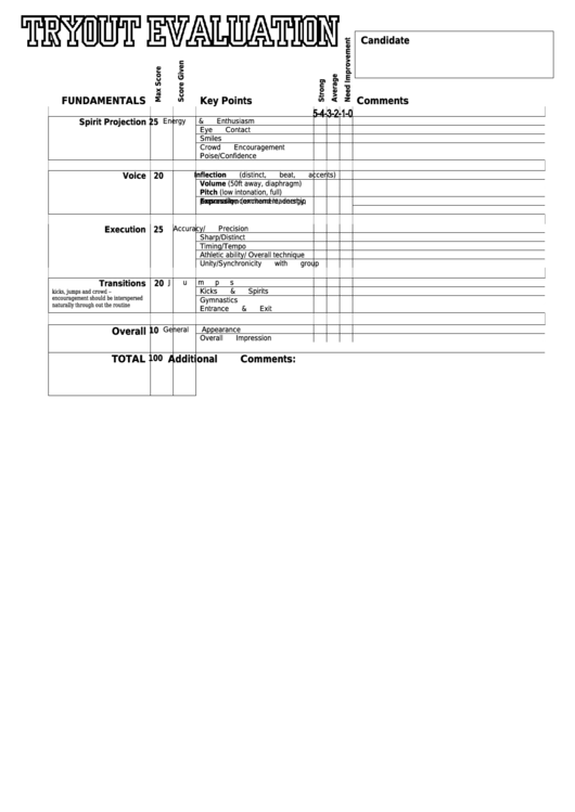 Tryout Candidate Evaluation Form Printable pdf
