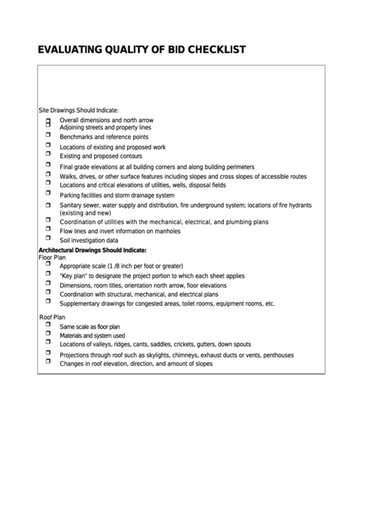 Quality Of Bid Checklist Template Printable pdf