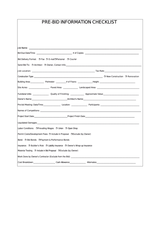 Pre-Bid Information Checklist Template Printable pdf