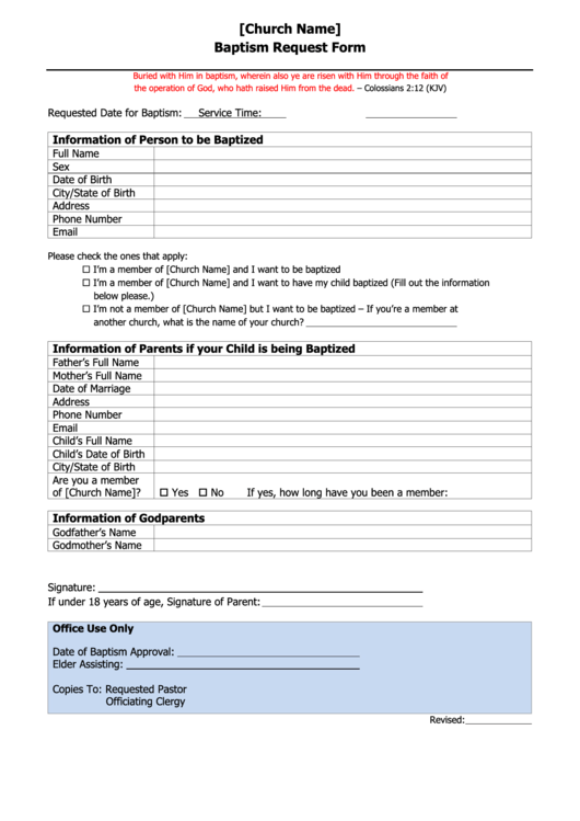 Baptism Request Form Printable pdf