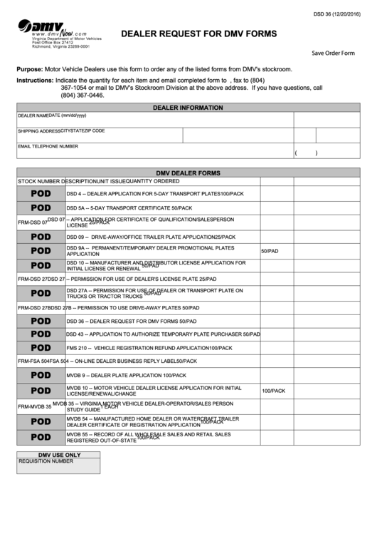 Fillable Form 36 - Virginia Dealer Request For Dmv Forms Printable pdf
