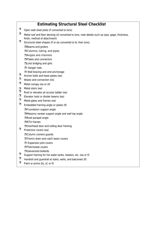 Estimating Structural Steel Checklist Template Printable pdf