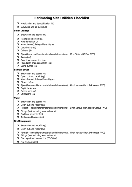 Estimating Site Utilities Checklist Template Printable pdf