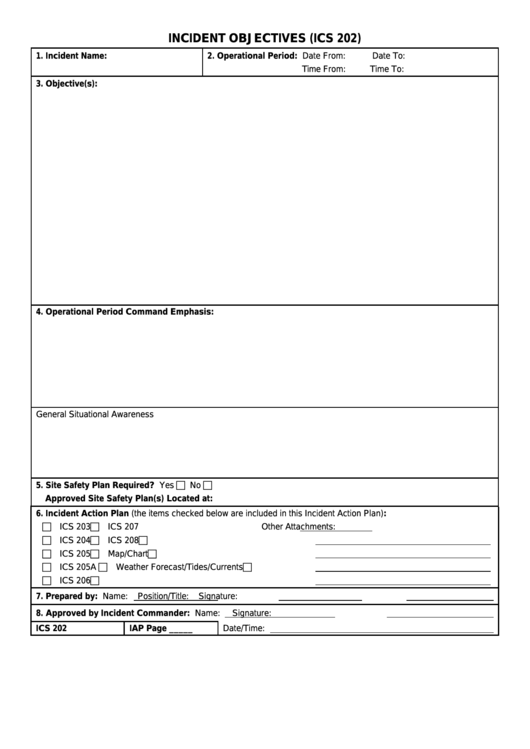 Fillable Ics Form 202 - Incident Objectives Printable pdf