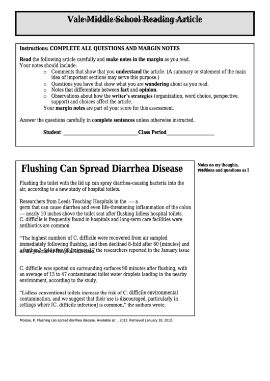 Flushing Can Spread Diarrhea Disease (1110l) - Middle School Reading Article Worksheet Printable pdf