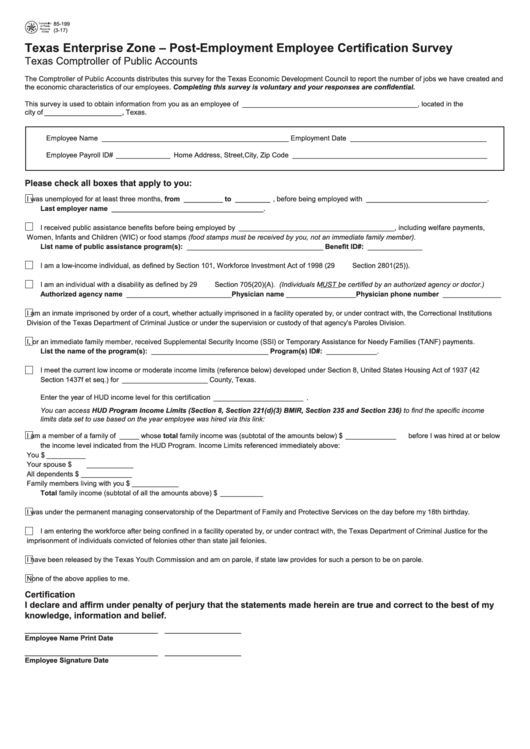 Fillable Form 85-199 - Texas Enterprise Zone - Post-Employment Employee Certification Survey Printable pdf