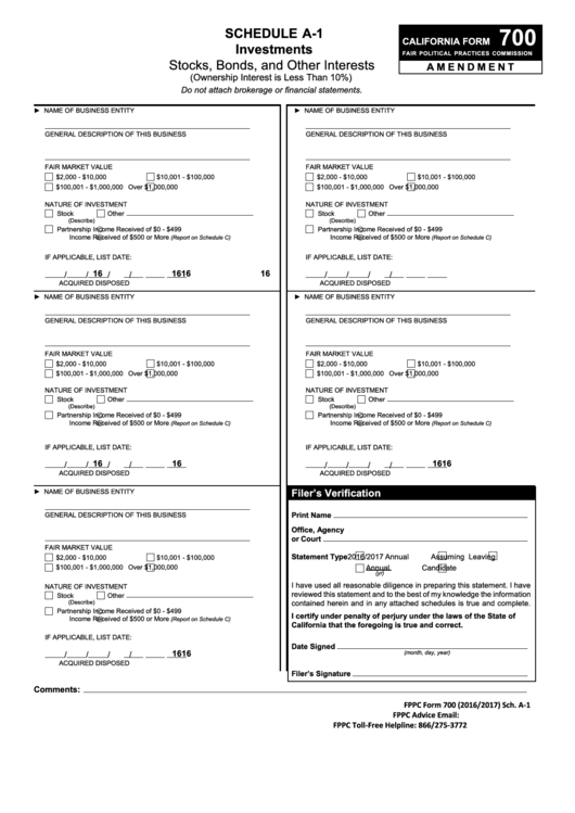 Fillable Schedule A-1 (Form 700) - California Investments - Fair Political Practices Commission Printable pdf