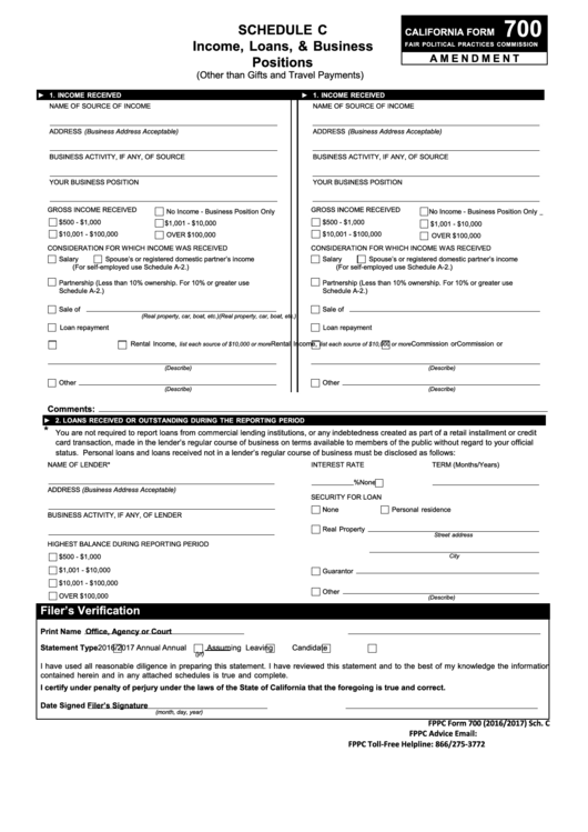 Fillable Schedule C (Form 700) - California Income, Loans, Business Positions - Fair Political Practices Commission Printable pdf