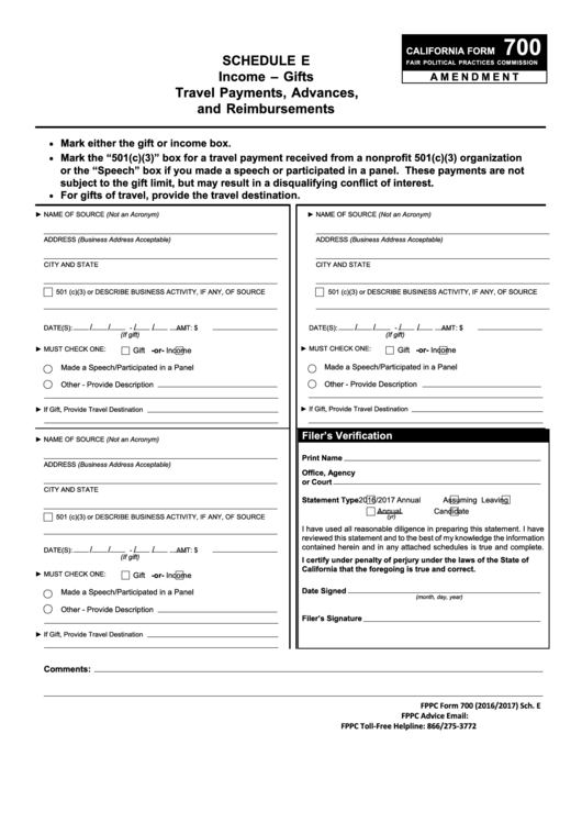 Fillable Schedule E (Form 700) - California Income Gifts Travel Payments, Advances, And Reimbursements - Fair Political Practices Commission Printable pdf