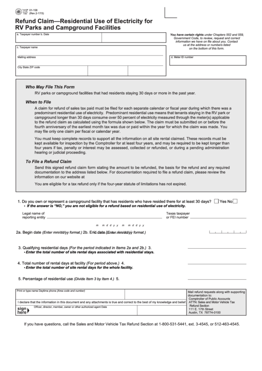 Fillable Form 01-158 - Refund Claim - Residential Use Of Electricity For Rv Parks And Campground Facilities Printable pdf