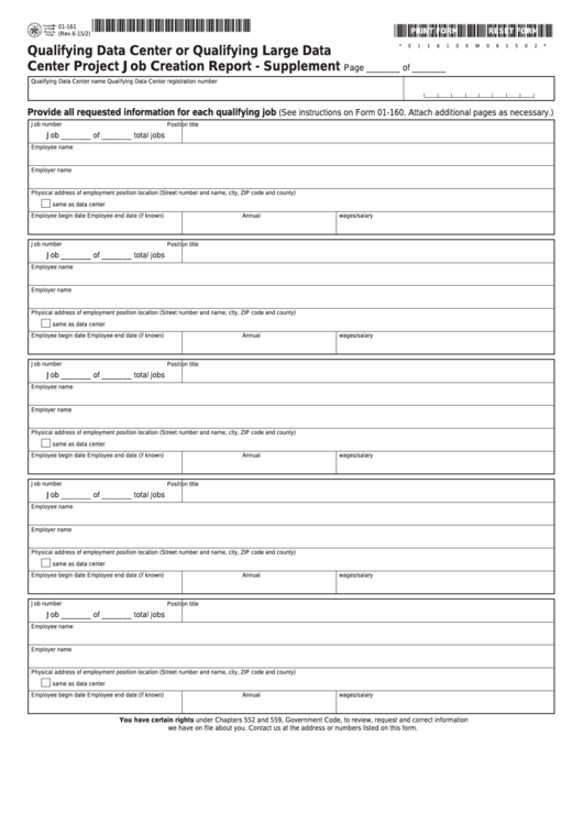 Fillable Form 01-161 - Qualifying Data Center Or Qualifying Large Data Center Project Job Creation Report - Supplement Printable pdf