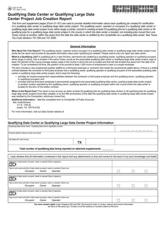 Fillable Form 01-160 - Qualifying Data Center Or Qualifying Large Data Center Project Job Creation Report Printable pdf