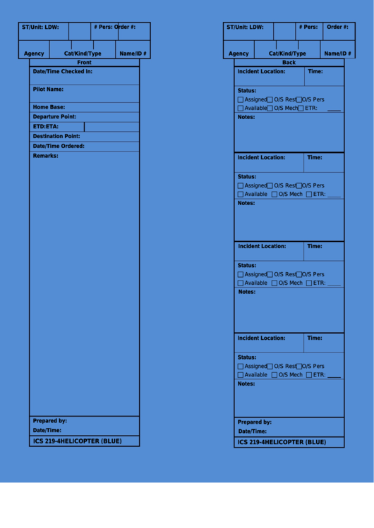 Fillable Ics Form 219-4 - Helicopter Card T-Card Blue Printable pdf