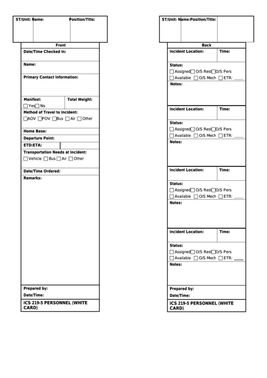 Fillable Ics Form 219-5 - Personnel Card T-Card White Printable pdf