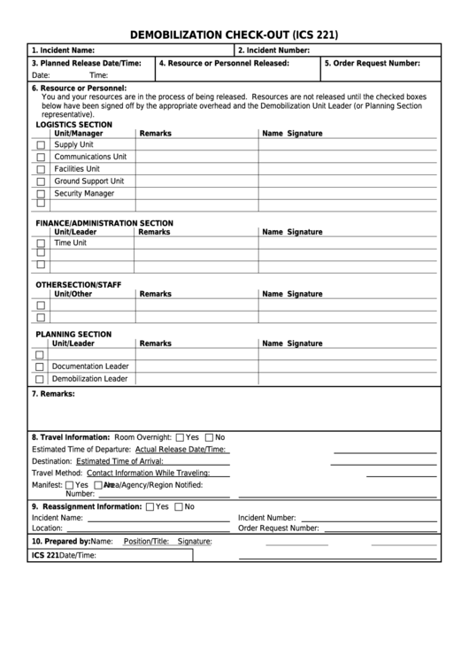 Fillable Ics Form 221 - Demobilization Check-Out Printable pdf
