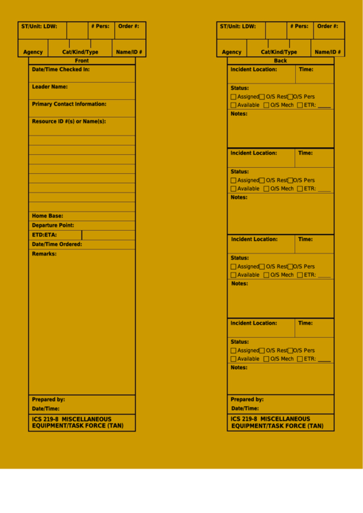 Fillable Ics Form 219-8 - Miscellaneous Equipment/task Force T-Card Printable pdf