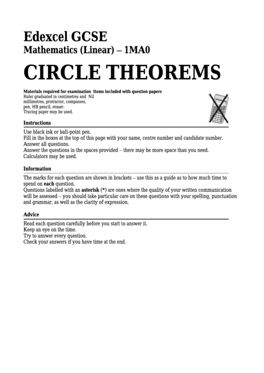 Edexcel Gcse Mathematics (Linear) - Circle Theorems Printable pdf